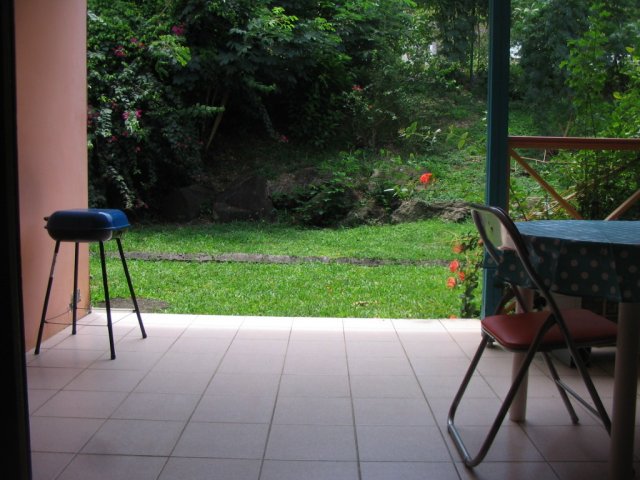 Terrasse calme côté jardin avec barbecue pour prendre vos apéritifs 